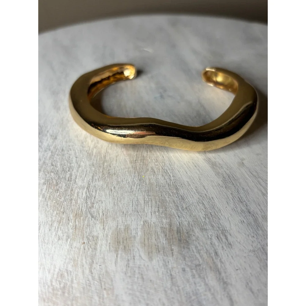 Gold Tone Organic Wavy Cuff Bracelet Sculptural Statement Open Bangle